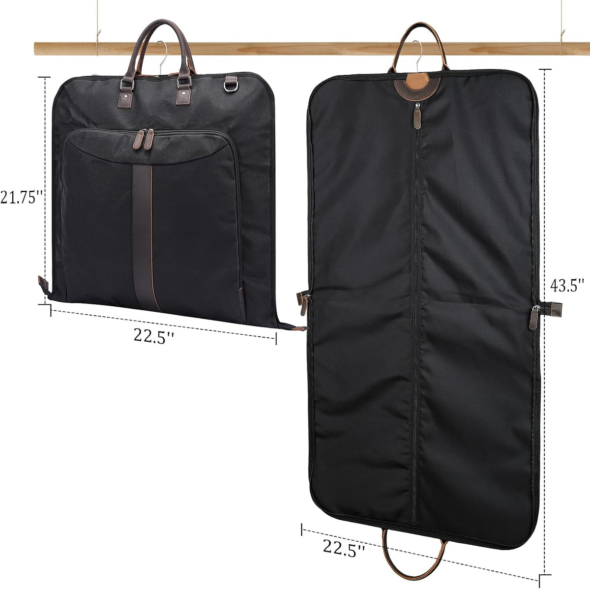 Polare Waxed Canvas Full Grain Leather Trim Garment Carry On Bag for Travel, Foldable Hanging Suitcase Weekender Dust-Proof Garment Waterproof Cover with YKK Zipper and Adjustable Strap (Black)