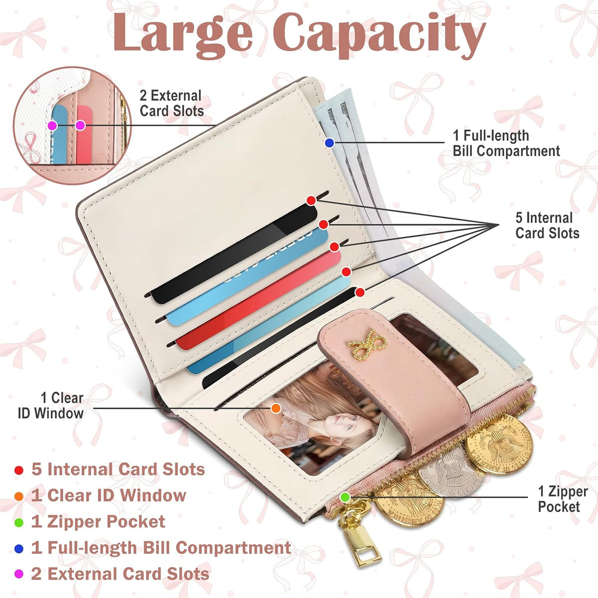 Small Wallets for Women RFID Blocking Bifold PU Leather, 8 Card Slots, Zipper Coin Pocket, Slim Credit Card Holder Travel Wallet, Pink 4.9x3.5inch