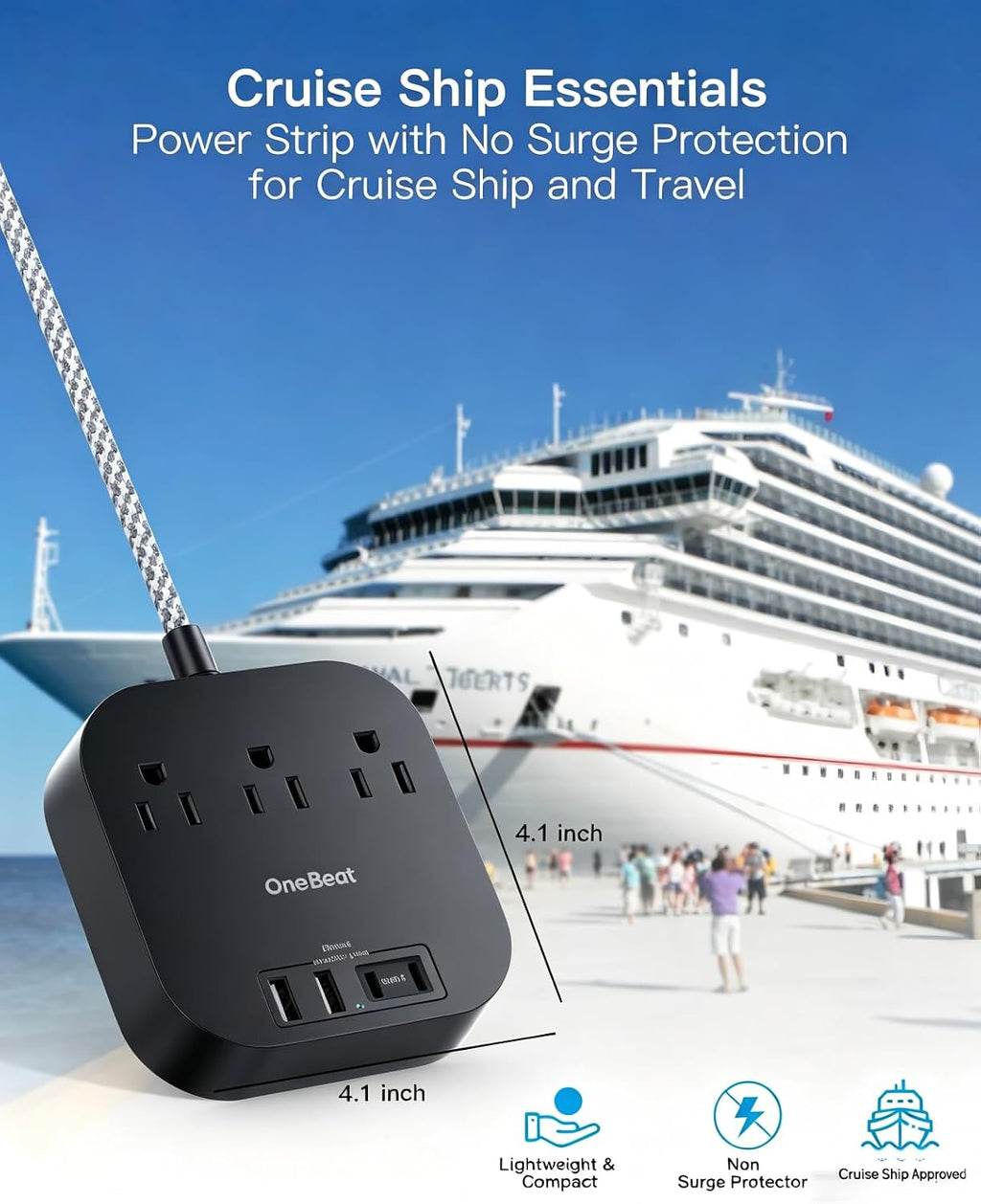 One Beat Power Strip with USB C, 10ft Braided Extension Cord, 22.5W