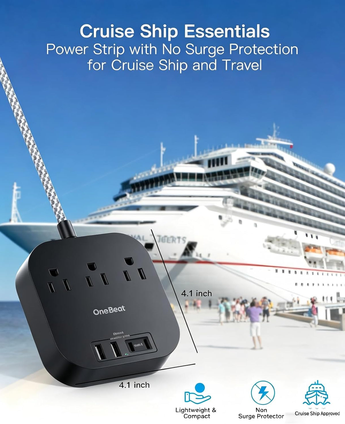 One Beat Power Strip with USB C, 10ft Braided Extension Cord, 22.5W