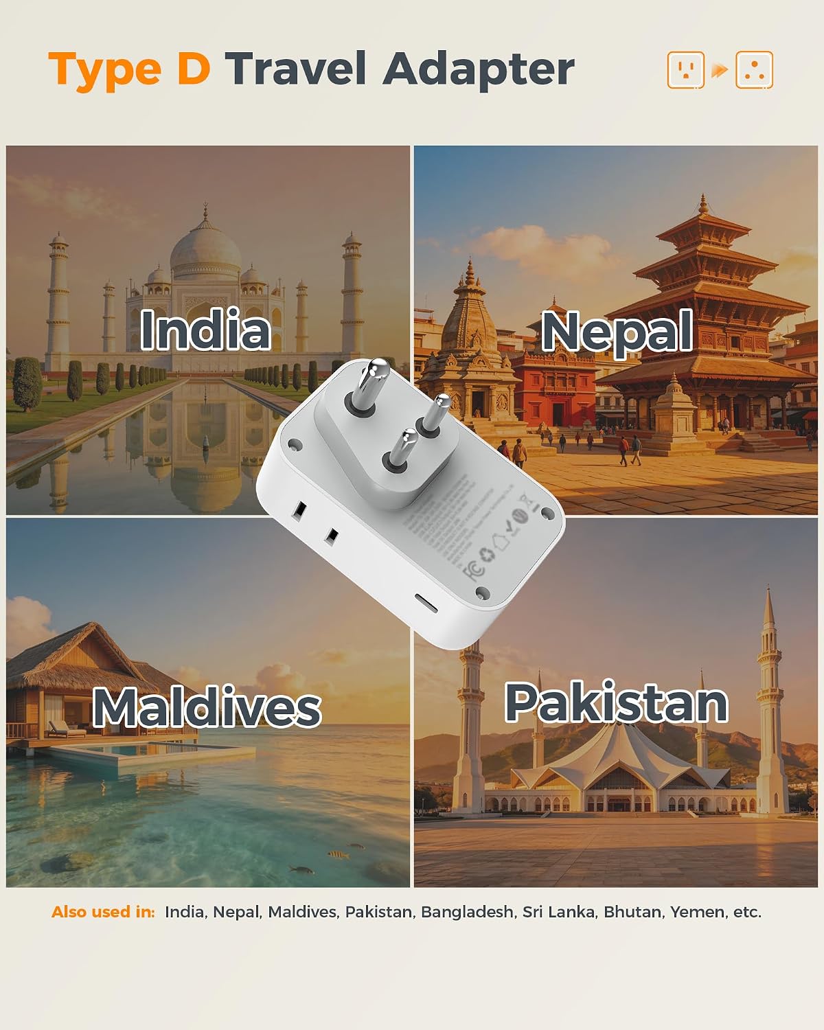 TESSAN US to India Plug Adapter, Type D Travel Adaptor PD 28W 2 Packs