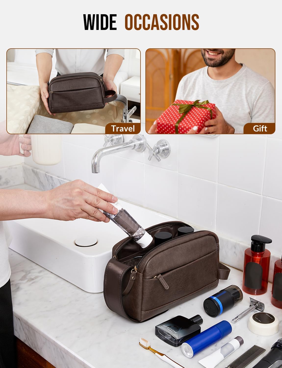 PU Leather Toiletry Bag for Men, Dark Brown