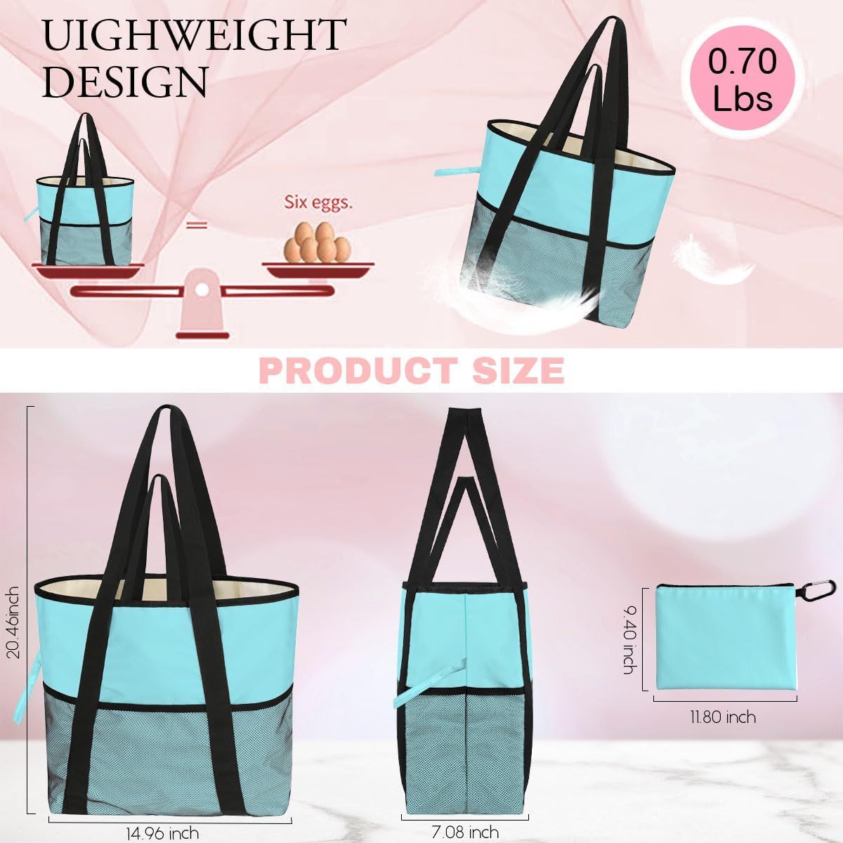 girls trip bags Foldable Waterproof Beach Tote for Women - 8 Zippered Pockets, Lightweight Travel Bag for Swim