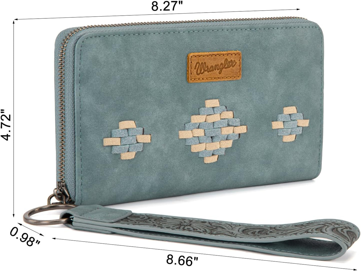 Wrangler Wristlet Wallet, Women Clutch Purses RFID Blocking with Aztec Boho Western Wrist Strap, Wristlet Purse with Zipper Pocket Card Holder for Women Girls Casual Travel Daily, WG310-W006JN