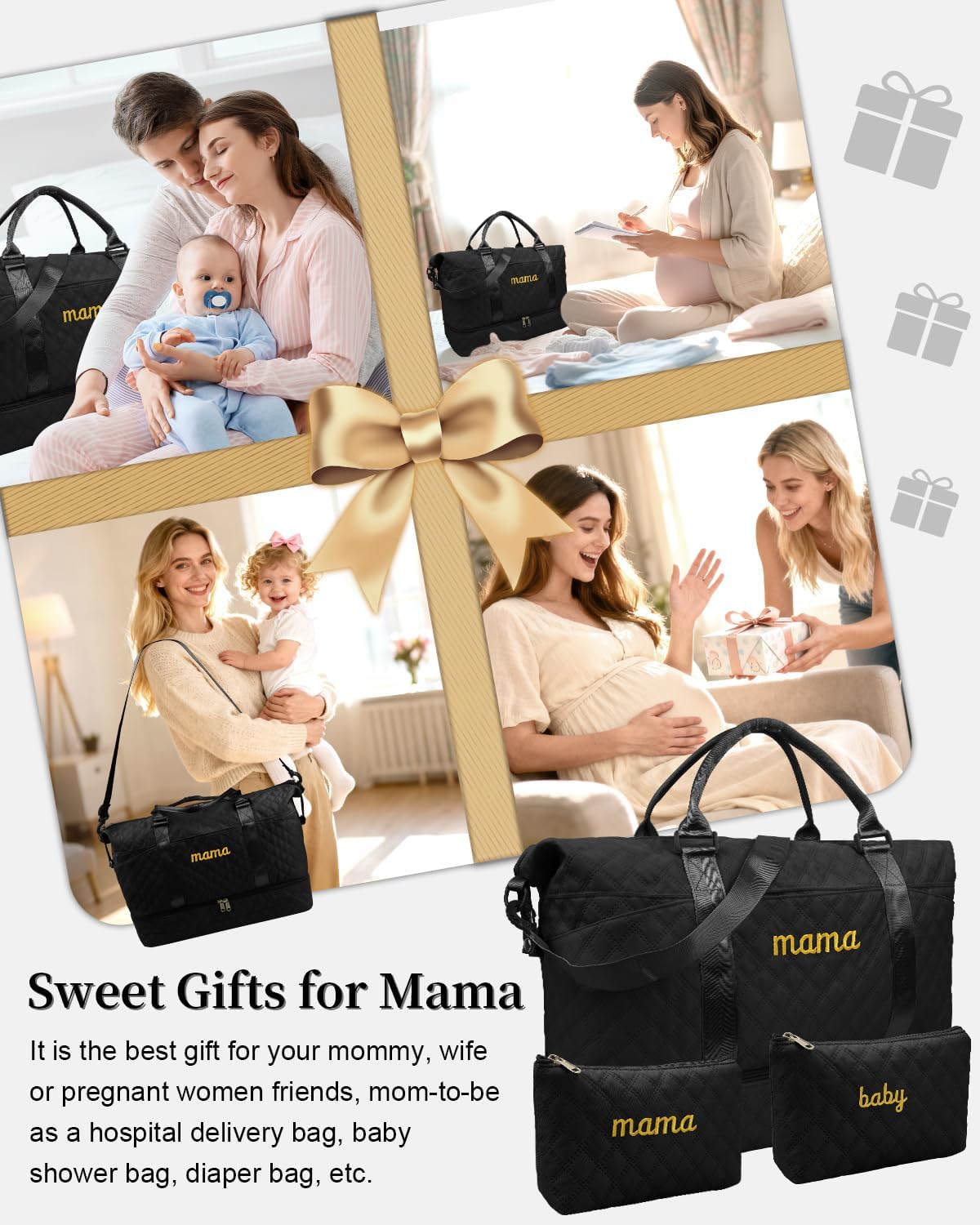 Mama Baby Pregnancy Hospital Bag Essentials for Women Labor Delivery Diaper Organizer with Shoe Compartment,2 Waterproof Toiletry Pouch Travel Duffle Bag for Mommy Weekender Overnight Gym Gifts,Black