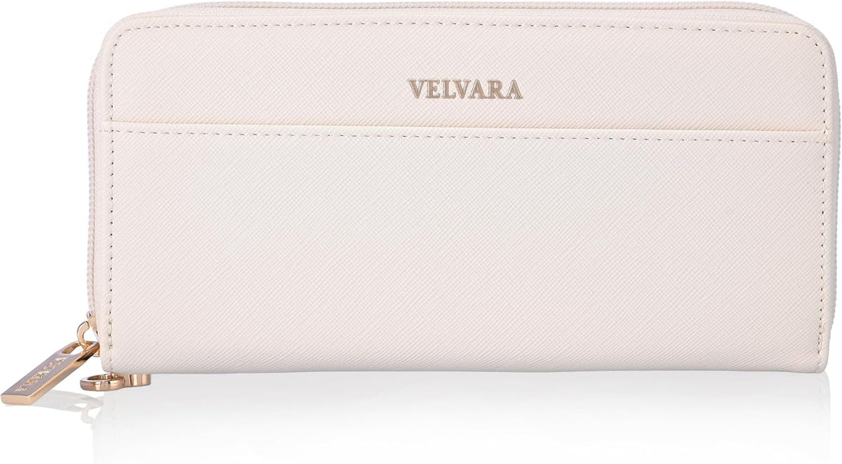 Women’s RFID Blocking Wristlet Wallet, Slim PU Leather Bifold Card Holder with Zip-Around Closure and Wrist Strap, Off White