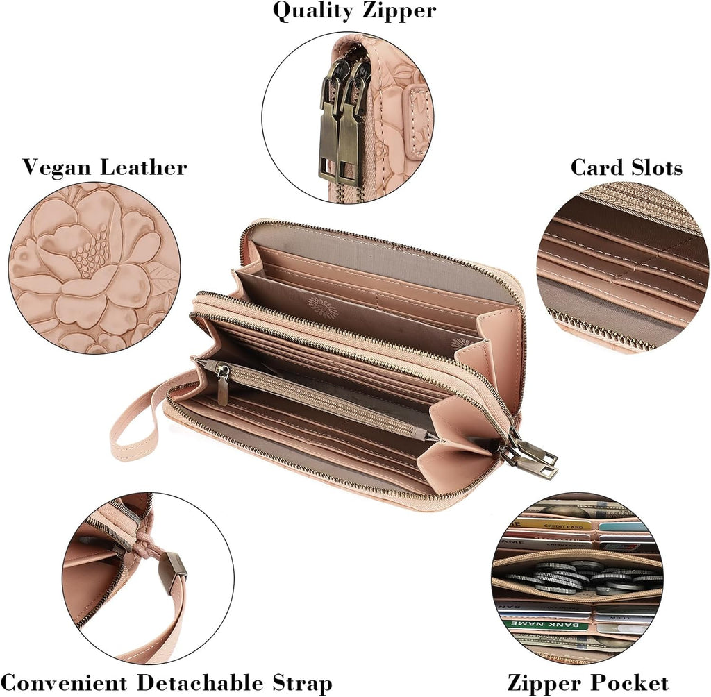 GAEKEAO RFID Leather Wristlet Wallet for Women with Grip Strap