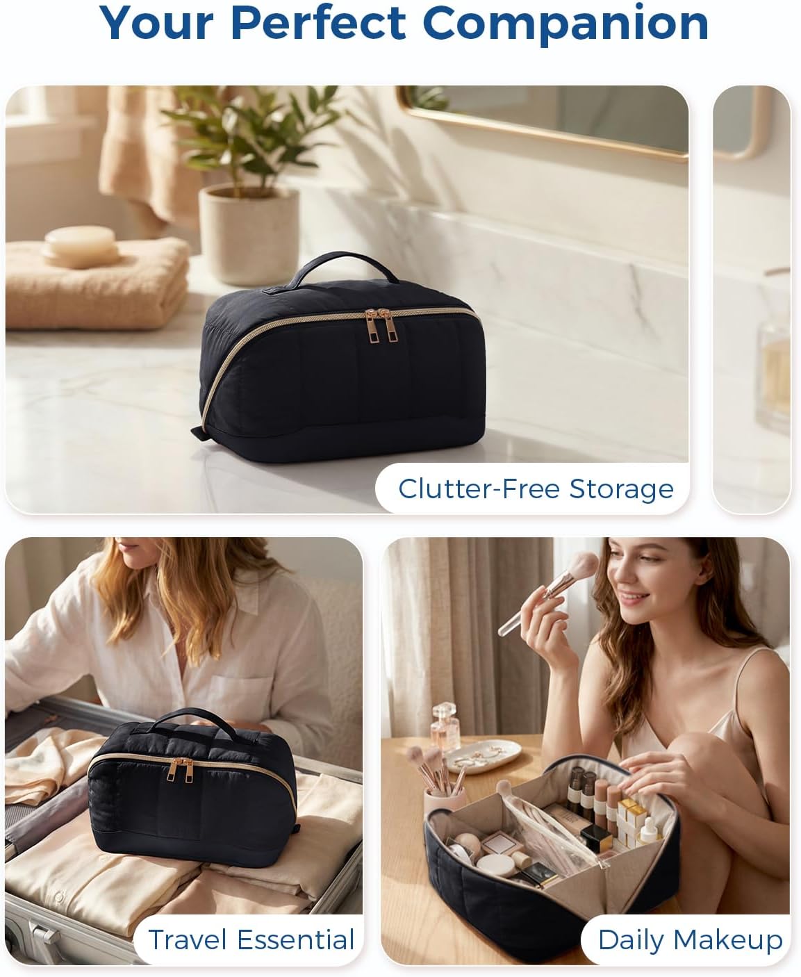 Makeup Bag for Women, Open Flat Puffy Organizer with Wipe-Clean PVC Lining