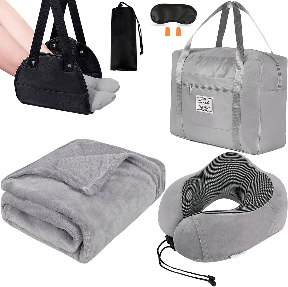 Travel Pillow and Blanket Set - Foot Hammock Rest Airplane Essentials, Grey