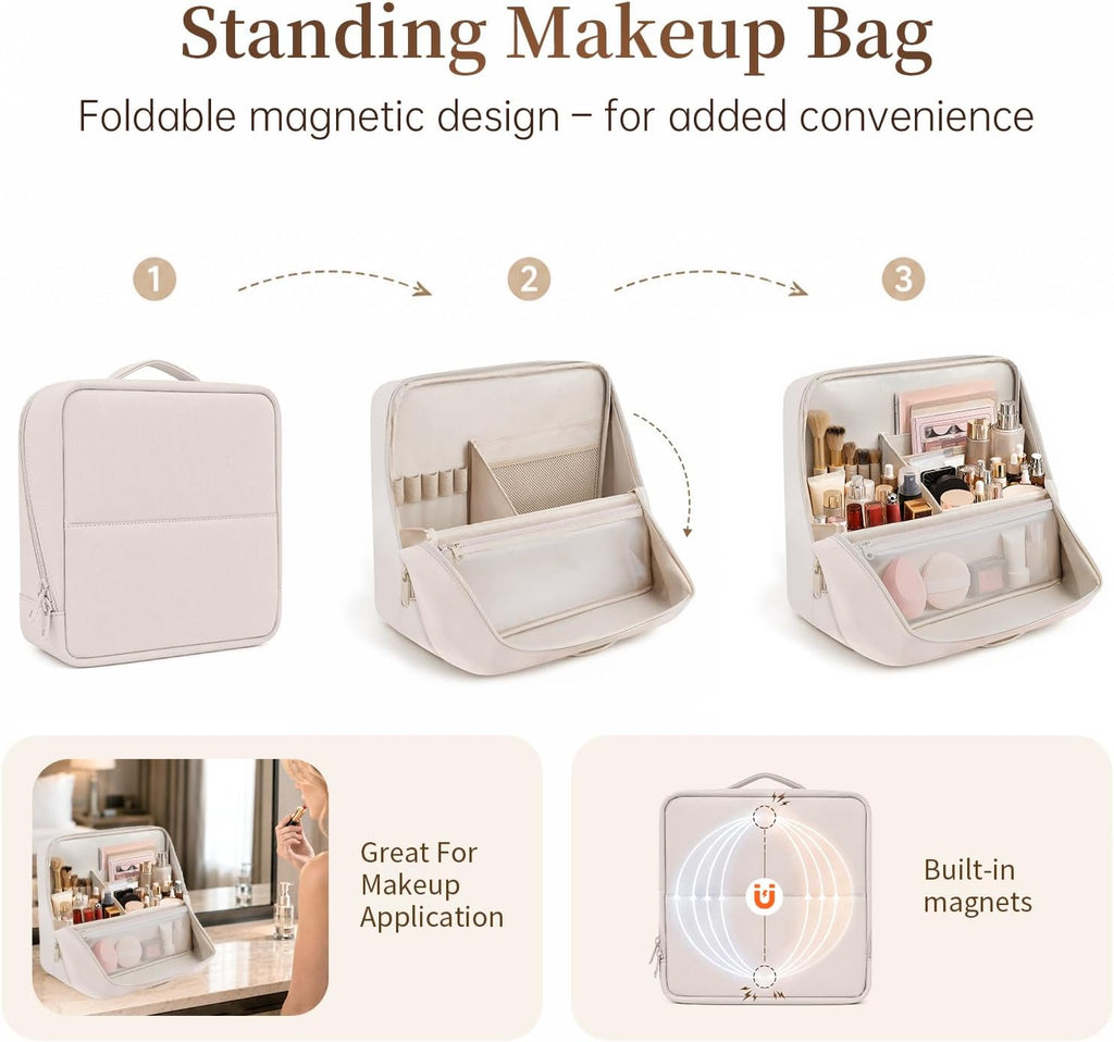 Travel Makeup Bag Standing Folding Leather Cosmetic Organizer with Handle