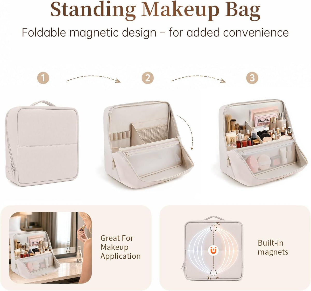Travel Makeup Bag Standing Folding Leather Cosmetic Organizer with Handle