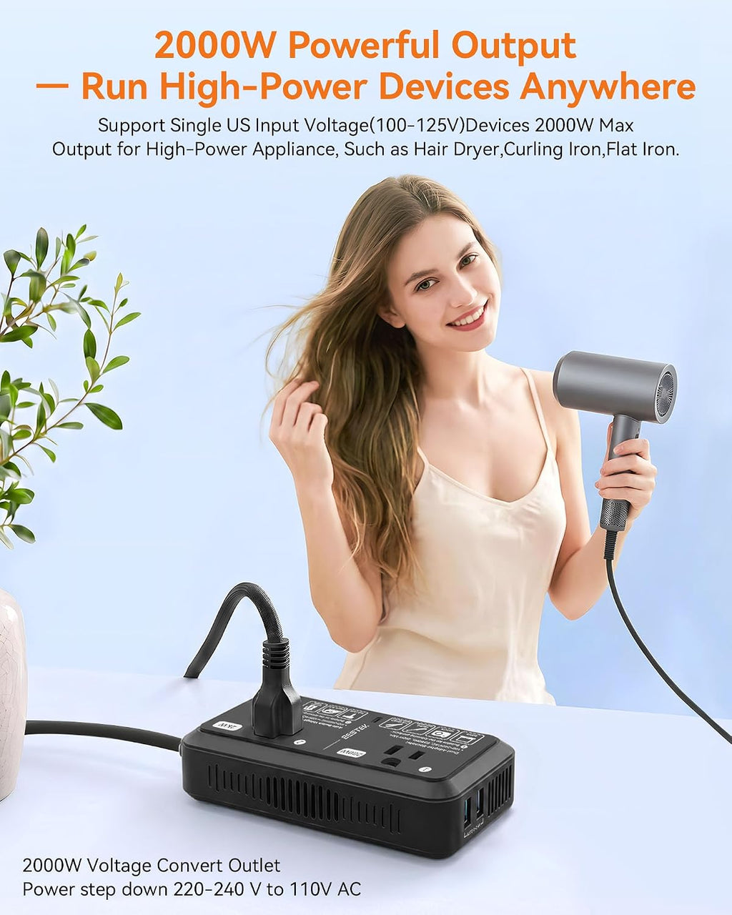 European Travel Plug Adapter 220V to 110V Voltage Converter US to Europe 2000W Travel Voltage Converter with 2 USB Ports for Hair Dryer/Curling Iron/Phone Travel Adapter for Europe Countries