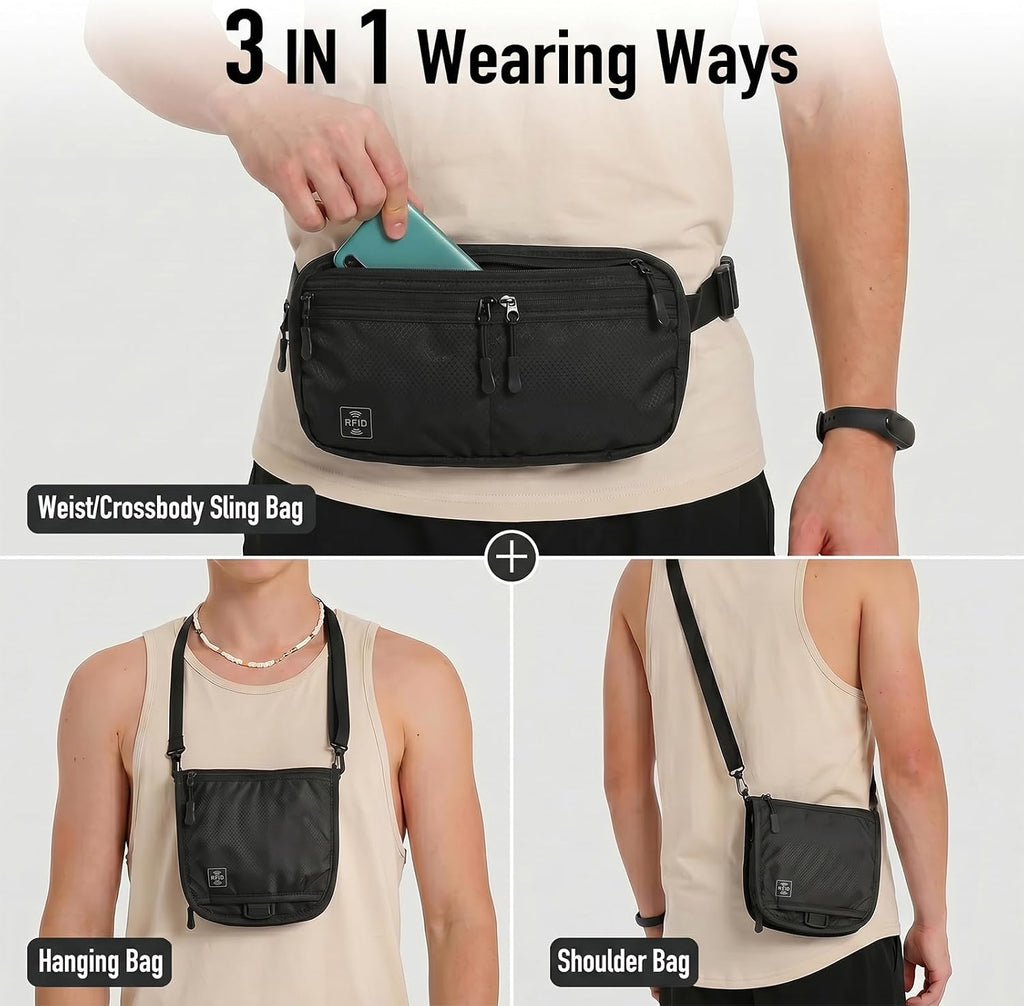 3-in-1 RFID Blocking Money Belt for Travel, Anti- Eletronic Theft Travel Fanny Pack with Adjustable Strap, Lightweight Neck Wallet for Passport, Credit Cards, Phone, and Cash–for Men & Women（Black）