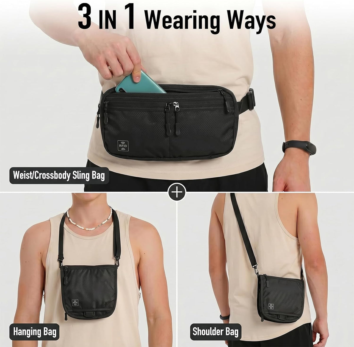 3-in-1 RFID Blocking Money Belt for Travel, Anti- Eletronic Theft Travel Fanny Pack with Adjustable Strap, Lightweight Neck Wallet for Passport, Credit Cards, Phone, and Cash–for Men & Women（Black）