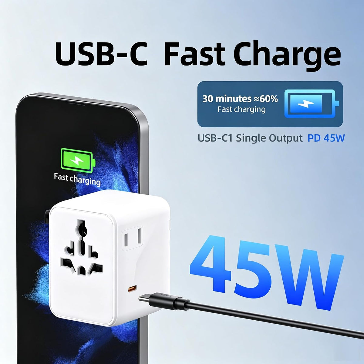 Universal Travel Adapter, 45W European Travel Plug with PD 3.0 Fast Charger