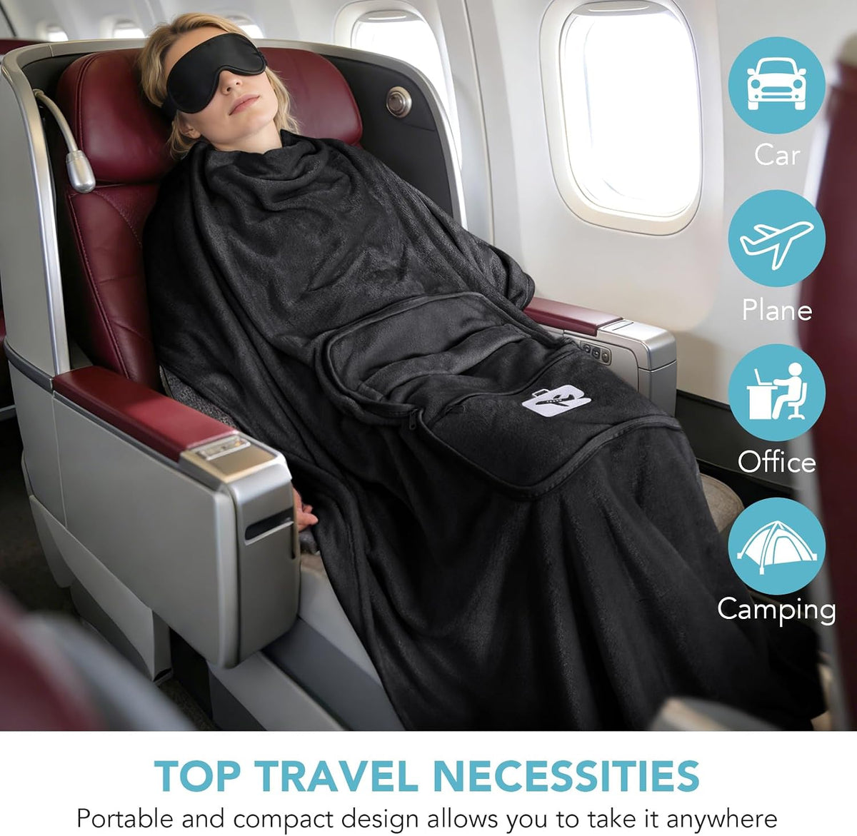 SINLAND Travel Pillow and Blanket 2-in-1 Set Airplane Black 60x50 Inch