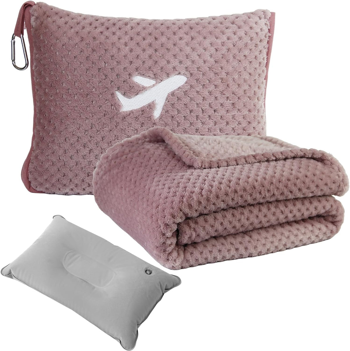 3 in 1 Travel Pillow and Blanket Set - 280 GSM Travel Blanket Airplane Compact with Bag, Inflatable Travel Pillow, Packable Airplane Blanket, Luggage Sleeve & Backpack Clip (Pink)