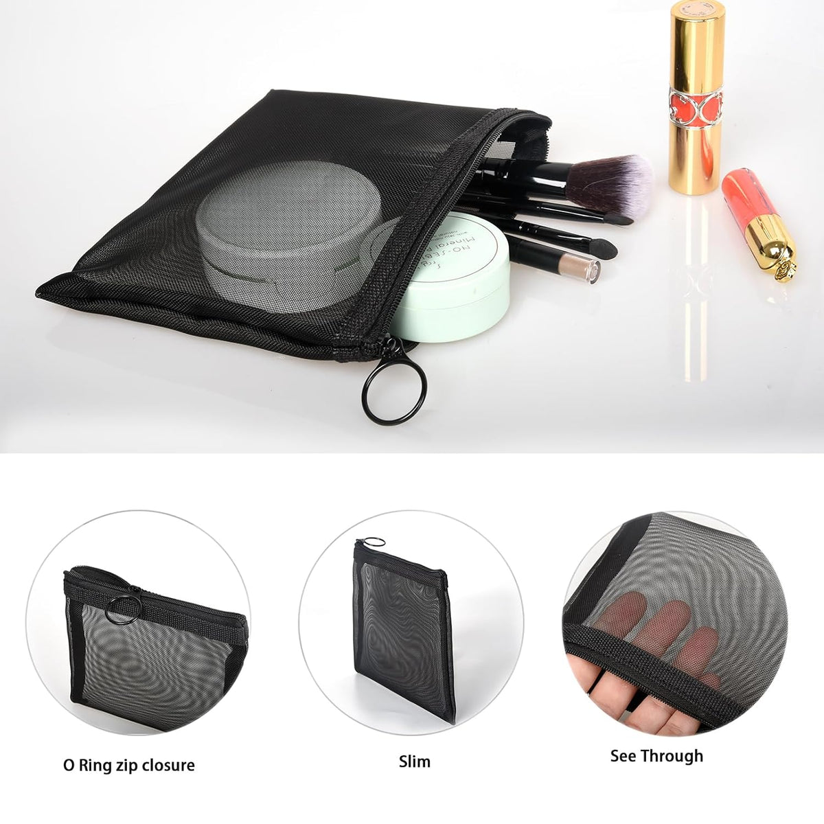 patu Zipper Mesh Bags, Size M / A6, 5 Pieces, Beauty Makeup Cosmetic Accessories Organizer, Travel Toiletry Kit Set Storage Pouch, Assorted Colors