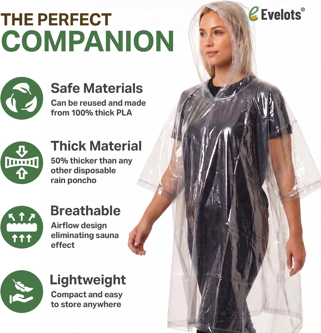 Evelots Rain Poncho for Adults - Disposable Raincoats with Hood - Unisex, Durable Thick Clear Plastic