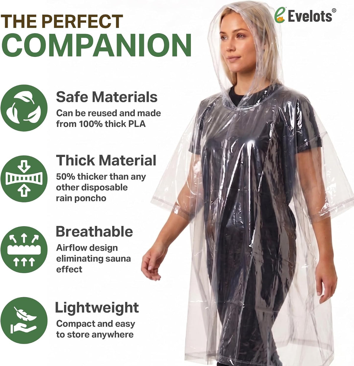 Evelots Rain Poncho for Adults - Disposable Raincoats with Hood - Unisex, Durable Thick Clear Plastic
