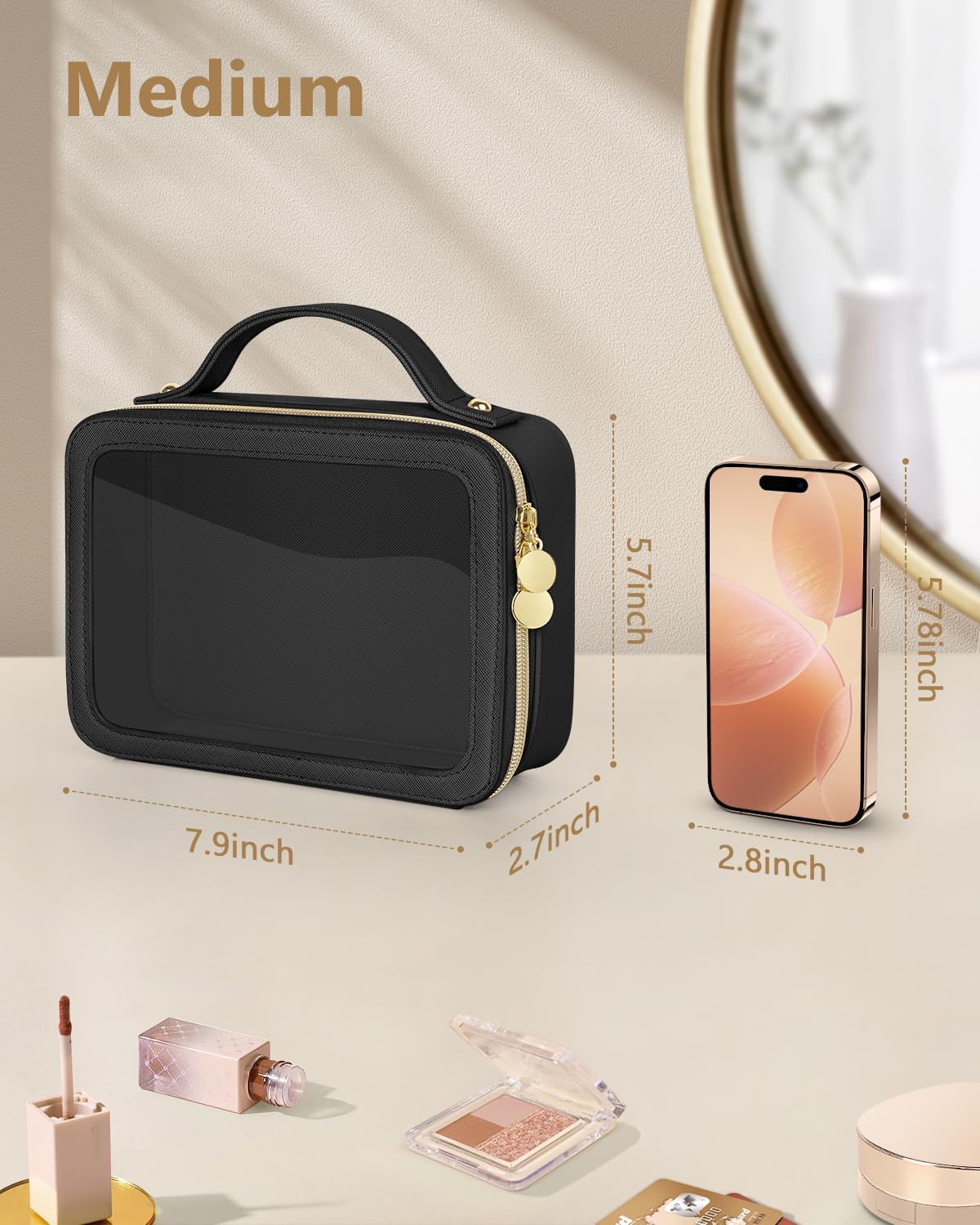 Soimeat Clear Makeup Bag, Portable Travel Cosmetic Bags, Multipurpose Leather Toiletry Bag with Zipper, Waterproof Transparent Cosmetic Organizer for Women, Medium, Black