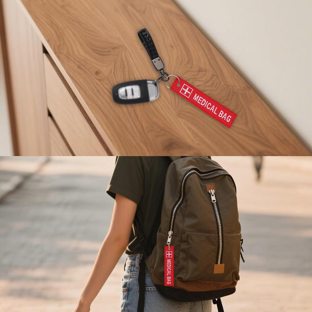 BOXOB 2pcs Medical Alert Tags for Bag, Double-Sided Medic Equipment Device Luggage ID Tag Durable Red Keychain for Backpack Luggage