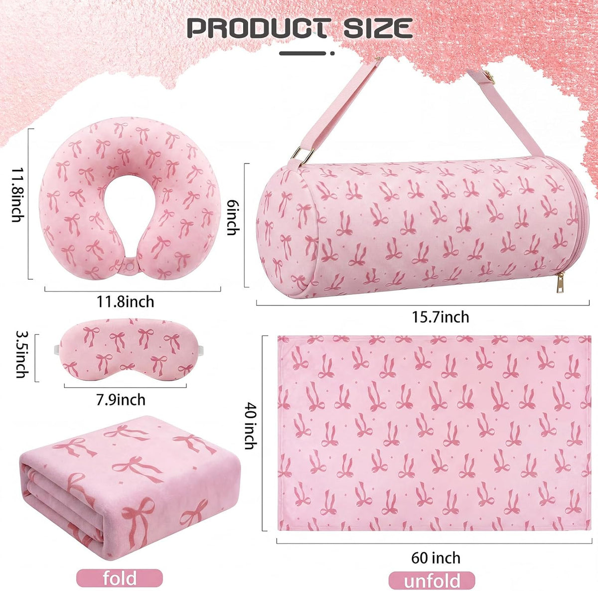 Moukeren 4 Pcs Pink Bow Travel Pillow and Blanket Set for Women and Girls