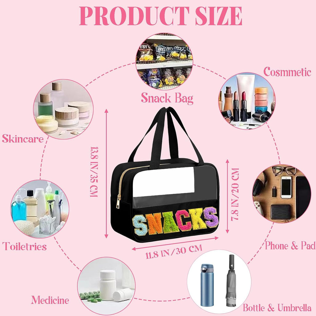Kovewon Chenille Letter Snacks Bag Clear Snack Bag Pouch with Handle and Zipper Waterproof Nylon Portable Travel Tote Makeup Bag for Women