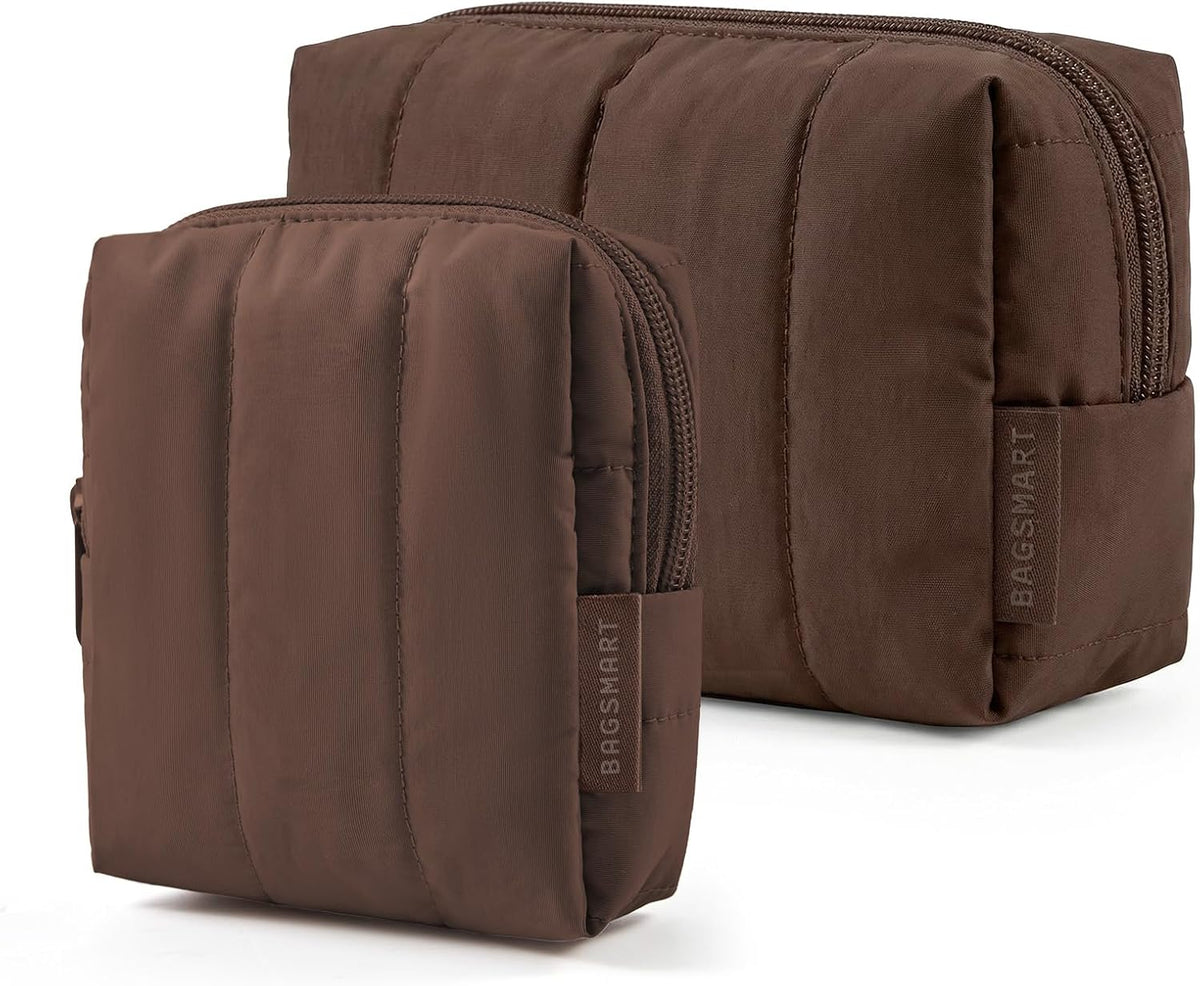 BAGSMART Puffy Travel Makeup Bag Duo Large & Small for Women, Chocolate