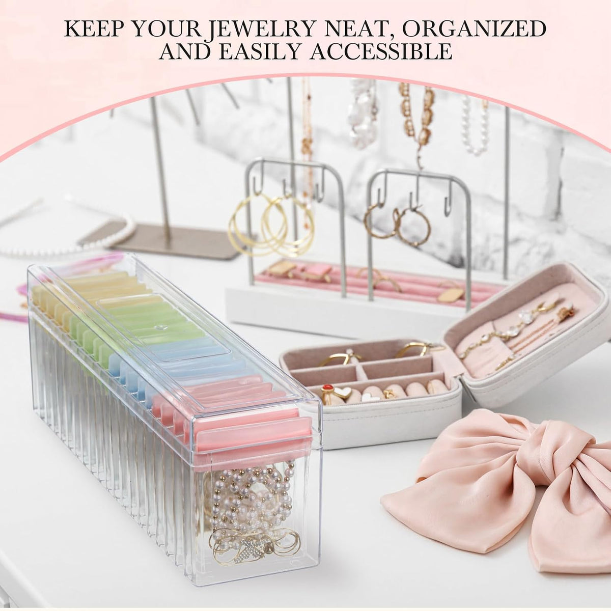 Kenning 42 Pcs Acrylic Jewelry Case Organizer, Clear Jewelry Organizers Holder with Portable Anti Tarnish Storage Bags for Rings, Earrings, Necklaces, Ideal Gifts for Women (Four Color Mixture)