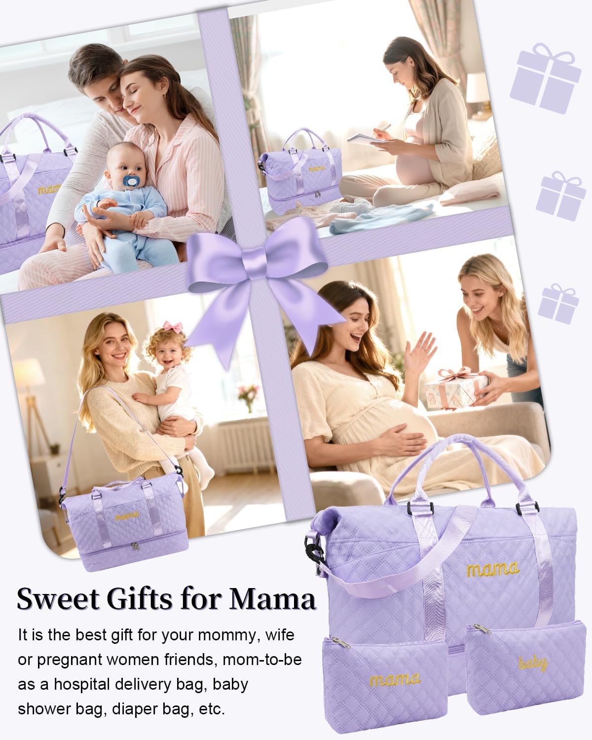 Mama Baby Pregnancy Hospital Bag Essentials for Women Labor Delivery Diaper Organizer with Shoe Compartment,2 Waterproof Toiletry Pouch Travel Duffle Bag for Mommy Weekender Overnight Gym Gifts,Purple