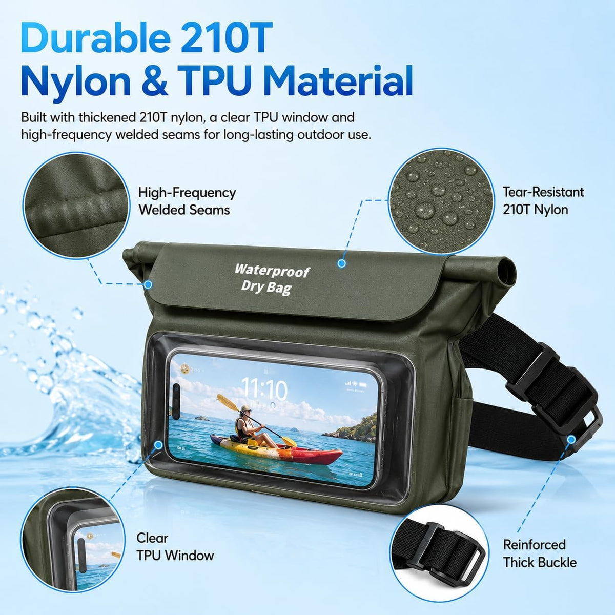 100% IPX8 Waterproof Fanny Packs,TPU Floating Waist Pouch Dry Bags Green