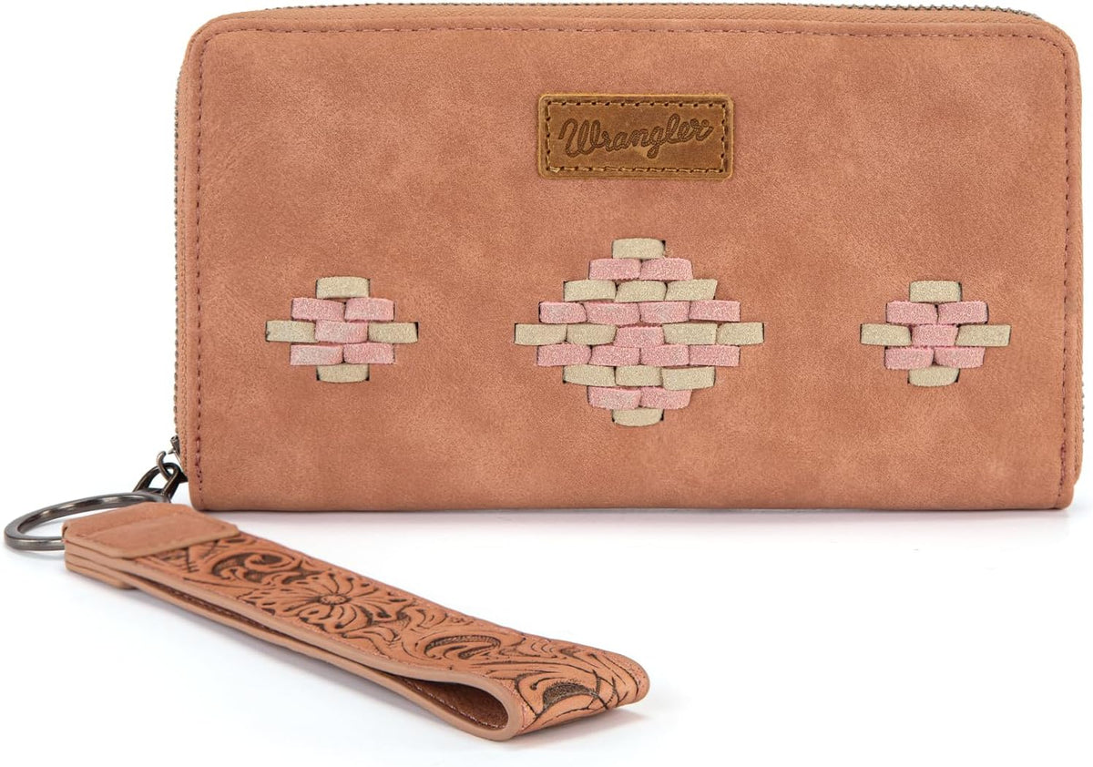 Wrangler Wristlet Wallet, Women Clutch Purses RFID Blocking with Aztec Boho Western Wrist Strap, Wristlet Purse with Zipper Pocket Card Holder for Women Girls Casual Travel Daily, WG310-W006DPK
