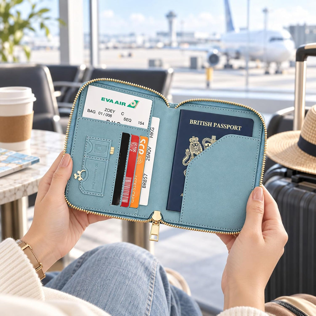 Travel Wallet Passport Holder, RFID Blocking Passport Cover with Zipper, Multi Compartment Travel Documents Organizer, Passport Book Protector with Card Slot, Passport Case for Women,Men,Family