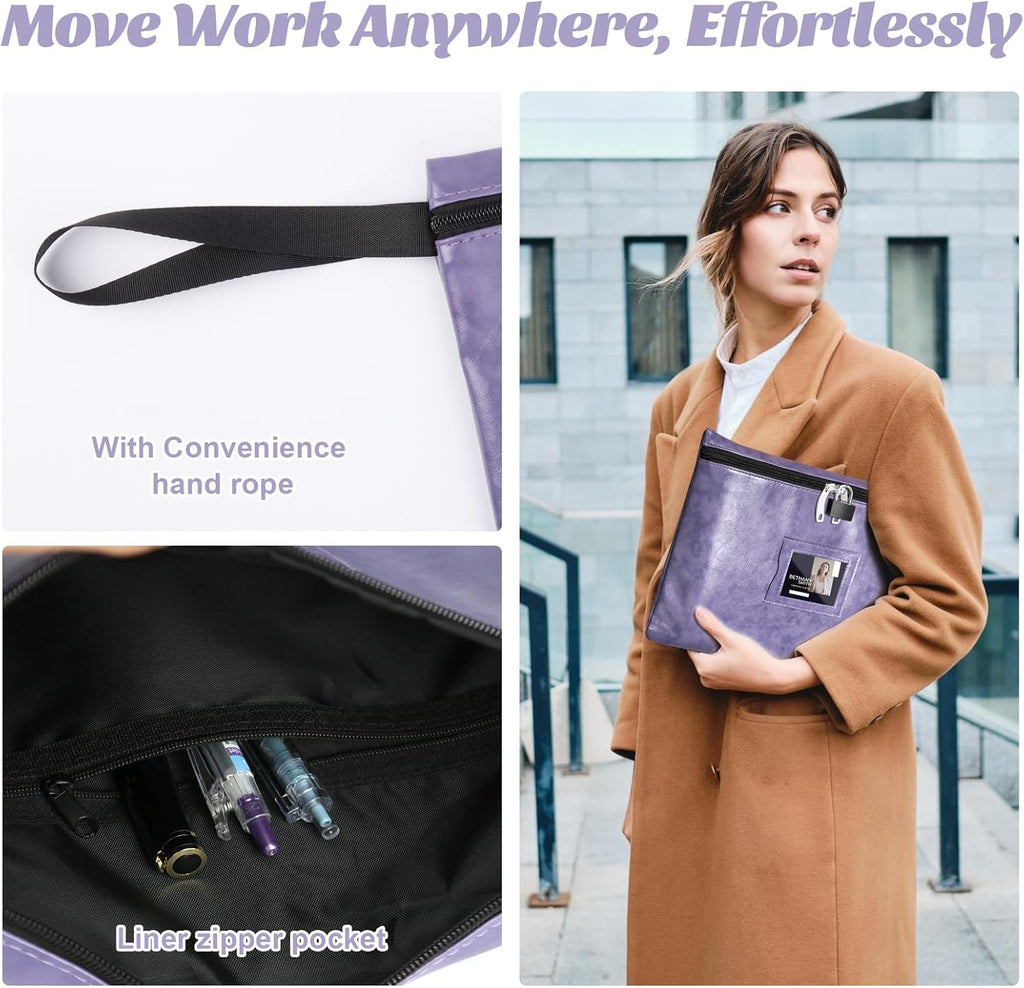 2 Pack Purple Notary Bag With Lock 13.2 * 10 Inch Waterproof Notary Supplies Bag For Women Pu Leather Document Organizer Zipper File Pouch Money Bank Deposit Bags For Passport Cash Stamp Travel