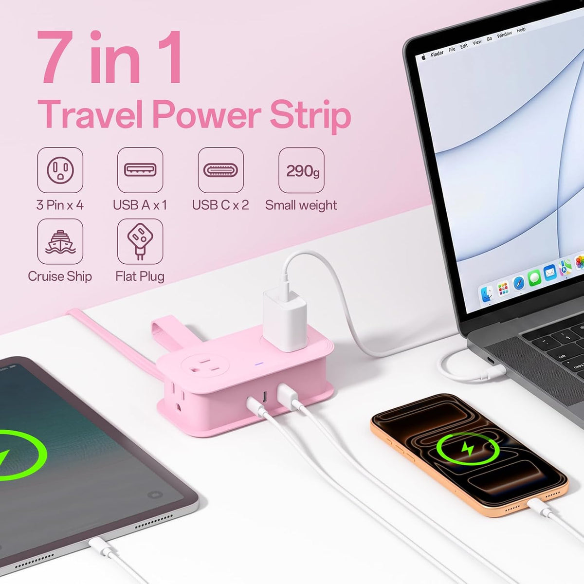 Travel Power Strip, SMALLRT Extension Cord with Multiple Outlets, 6.5FT Wrapped Extension Flat Plug Power Strip with 4 AC Outlets for Travel, Hotel, Cruise Approved, No Surge Protection, Pink