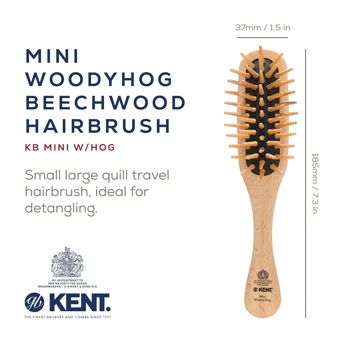 Kent KB MiniWoodyhog Travel Size Detangling Brush Beech-wood, Firm Rounded Wooden Bristles,Natural Cushion Detangler Wooden Hair Brush for Women Men and Kids Everyday Care,Made in England (Pack of 3)