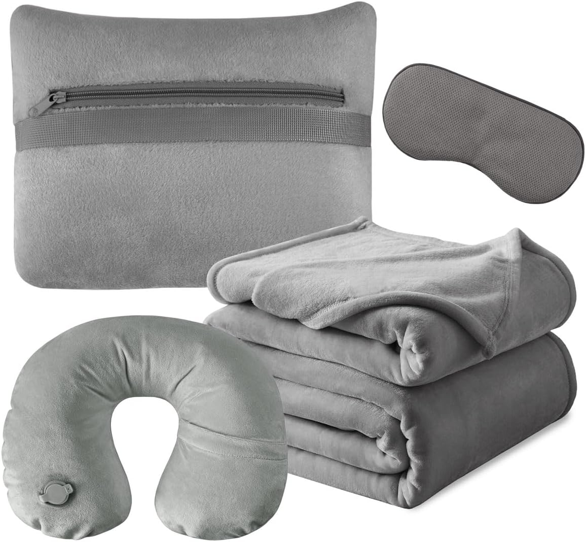 KAWAHOME Travel Blanket Airplane Compact Set with Neck Pillow, Eye Mask
