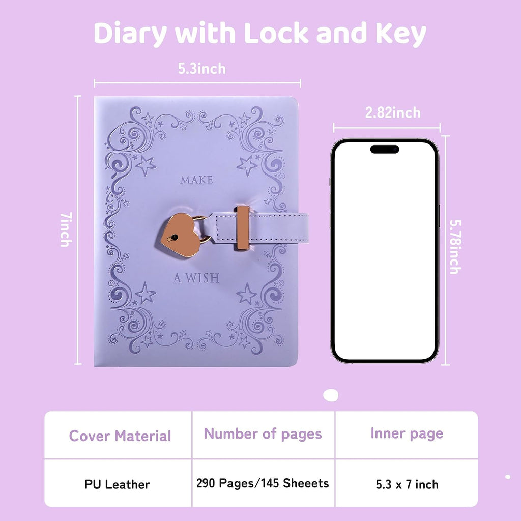 CAGIE Diary with Lock for Girls with Pen Heart Shaped Lock Diary with 2 Keys Golden Edge Lock Journal for Girls Women 290 Pages Journal with Lock for Writing, Travel, 5.3 x 7.1 inches, Vintage Purple