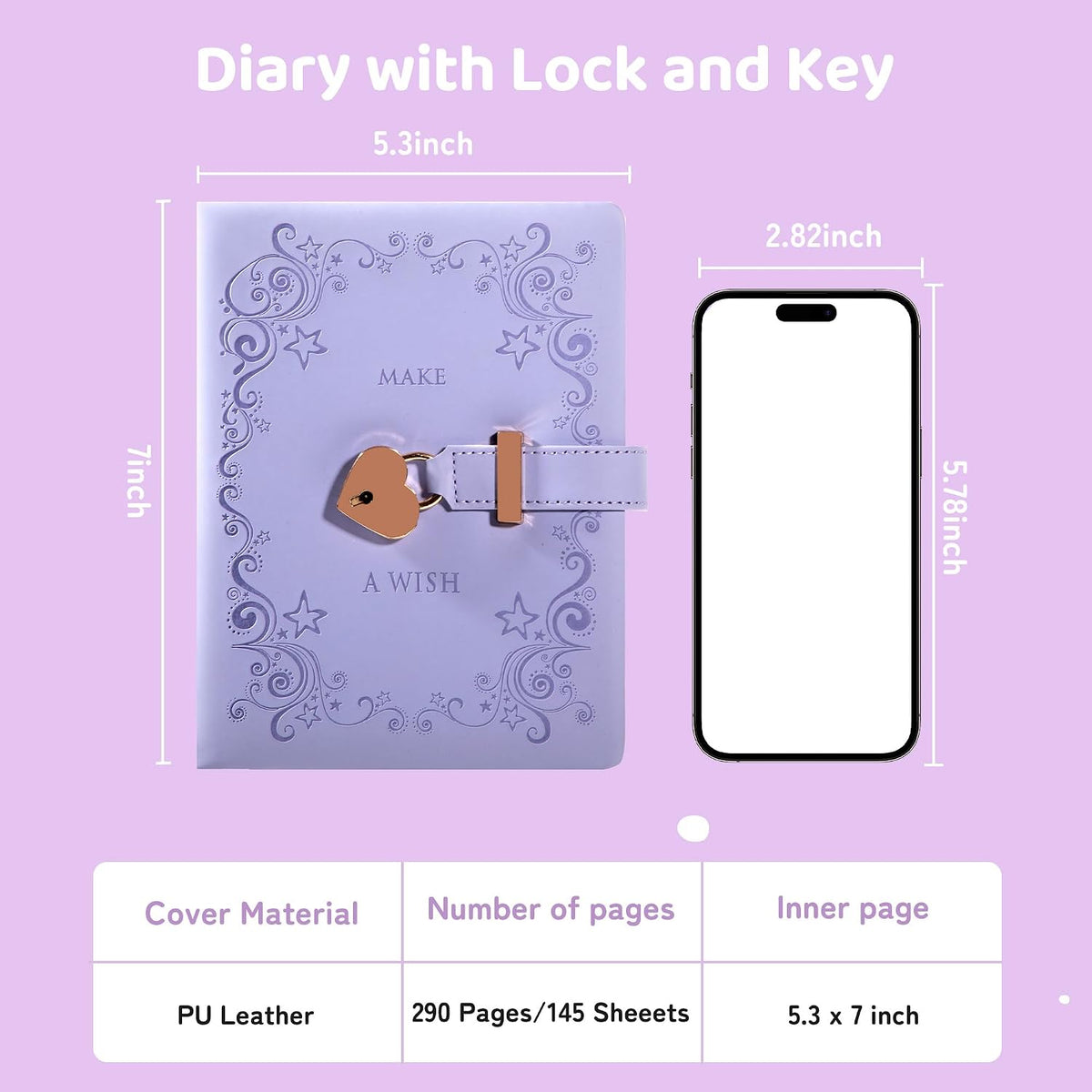 CAGIE Diary with Lock for Girls with Pen Heart Shaped Lock Diary with 2 Keys Golden Edge Lock Journal for Girls Women 290 Pages Journal with Lock for Writing, Travel, 5.3 x 7.1 inches, Vintage Purple