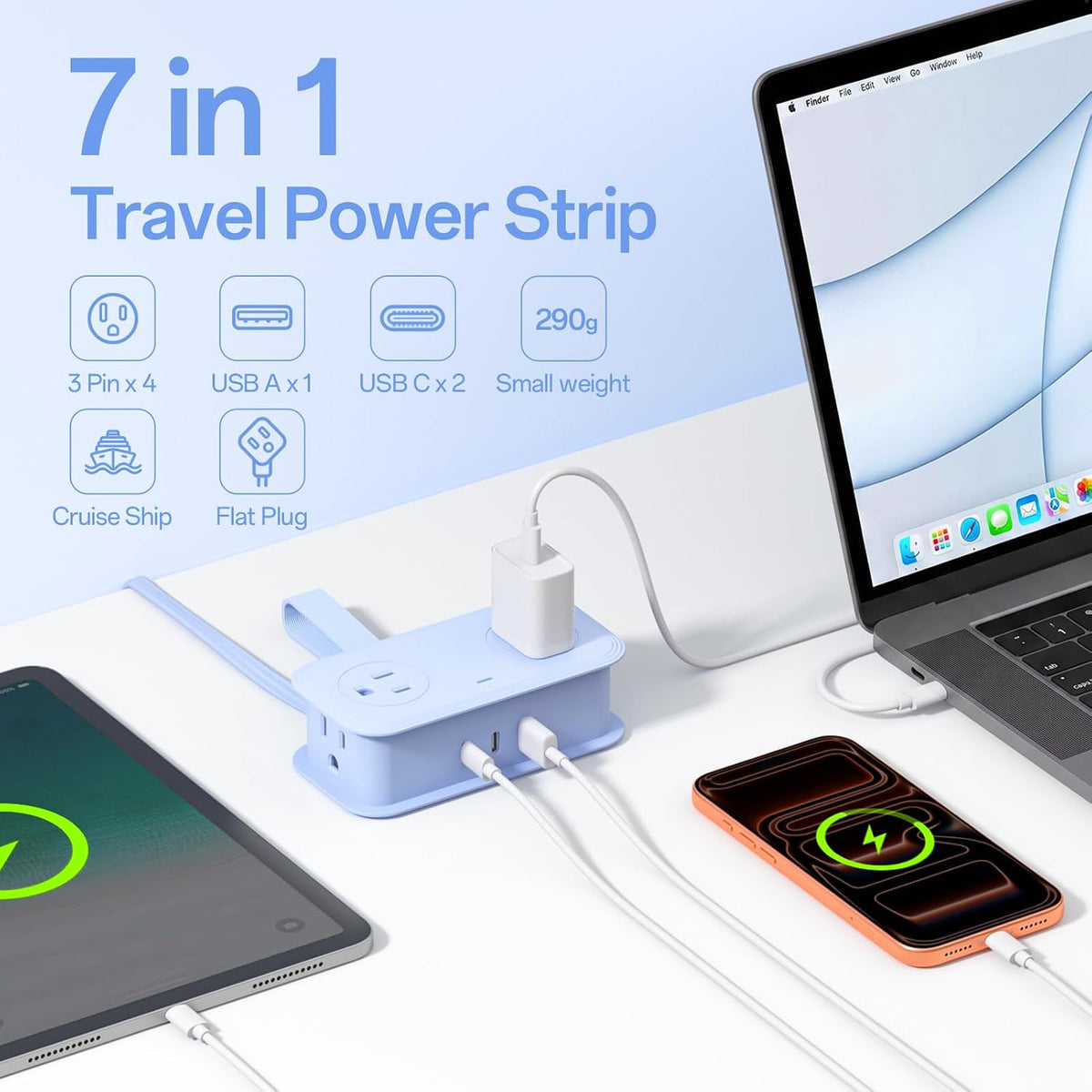 2 Pcs Travel Power Strip, SMALLRT Extension Cord with Multiple Outlets, 3.3FT Wrapped Extension Flat Plug Power Strip with 4 AC Outlets for Travel, Hotel, Cruise Approved, No Surge Protection, Blue