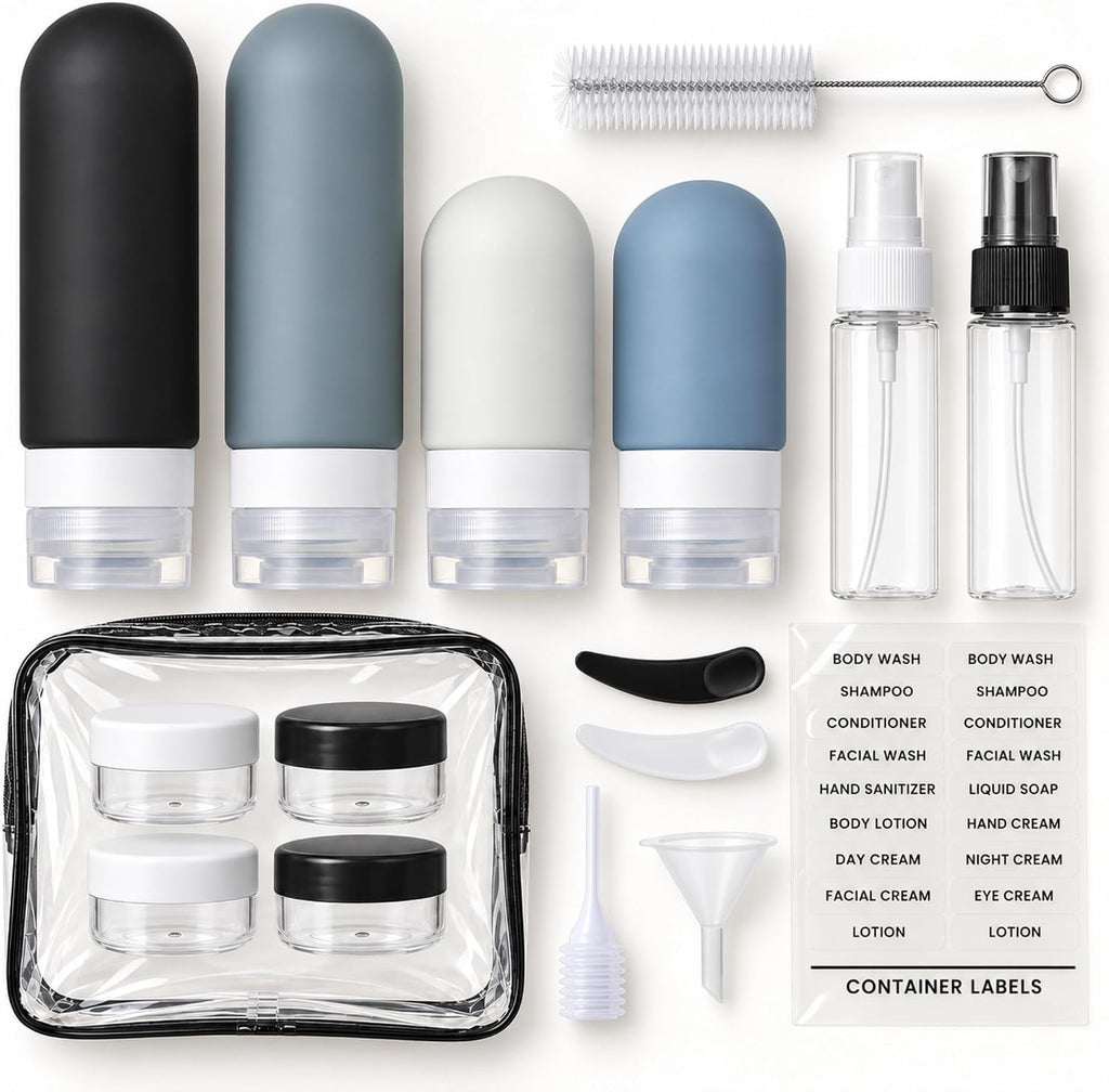 Laxen 17 Pack Travel Bottles for Toiletries with Clear Bag, Leak Proof, Refillable, TSA Approved Silicone Travel Containers for Shampoo and Conditioner, Travel Essentials Toiletry Bottles