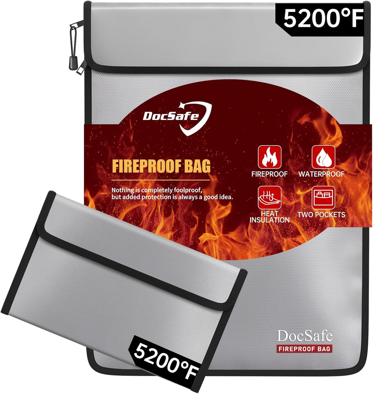 DocSafe Fireproof Document Bag (5200℉) with Fireproof Organizer Travel Case,Heat Insulated Fire＆Water Resistant 8 Layers Safe Money Bag Storage for Important Documents,Cash,Power Bank,Valuables,Gray