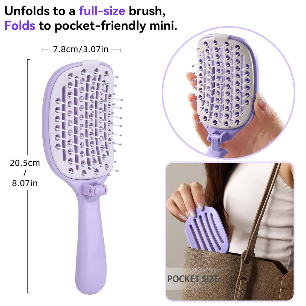 Self‑Cleaning Hair Brush, Curved Vented Detangler, Foldable Travel Purple