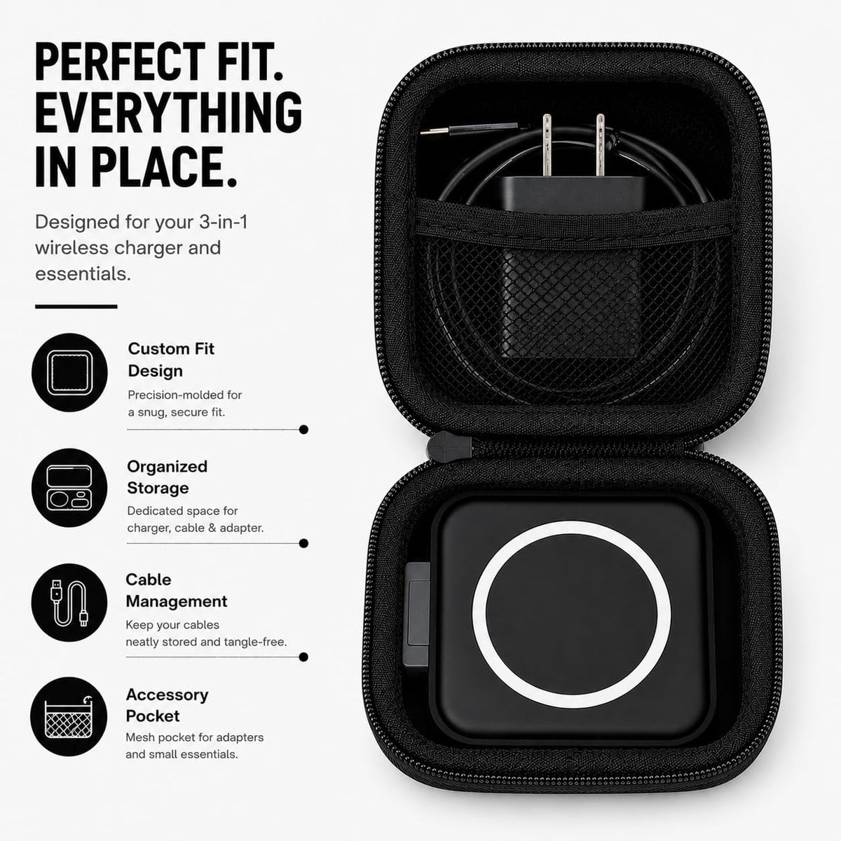Hard Travel Case Compatible with RTOPS, Hicober, UCOMX Nano Foldable 3-in-1 Magnetic Wireless Charging Stations, EVA Hard Shell Carrying Storage Organizer with Mesh Pocket (Case Only, Black)
