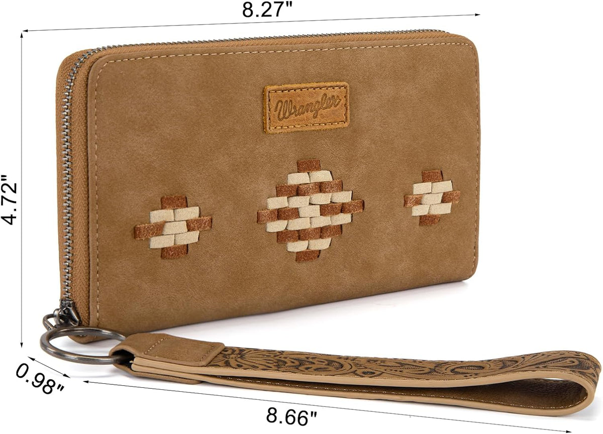 Wrangler Wristlet Wallet, Women Clutch Purses RFID Blocking with Aztec Boho Western Wrist Strap, Wristlet Purse with Zipper Pocket Card Holder for Women Girls Casual Travel Daily, WG310-W006KH