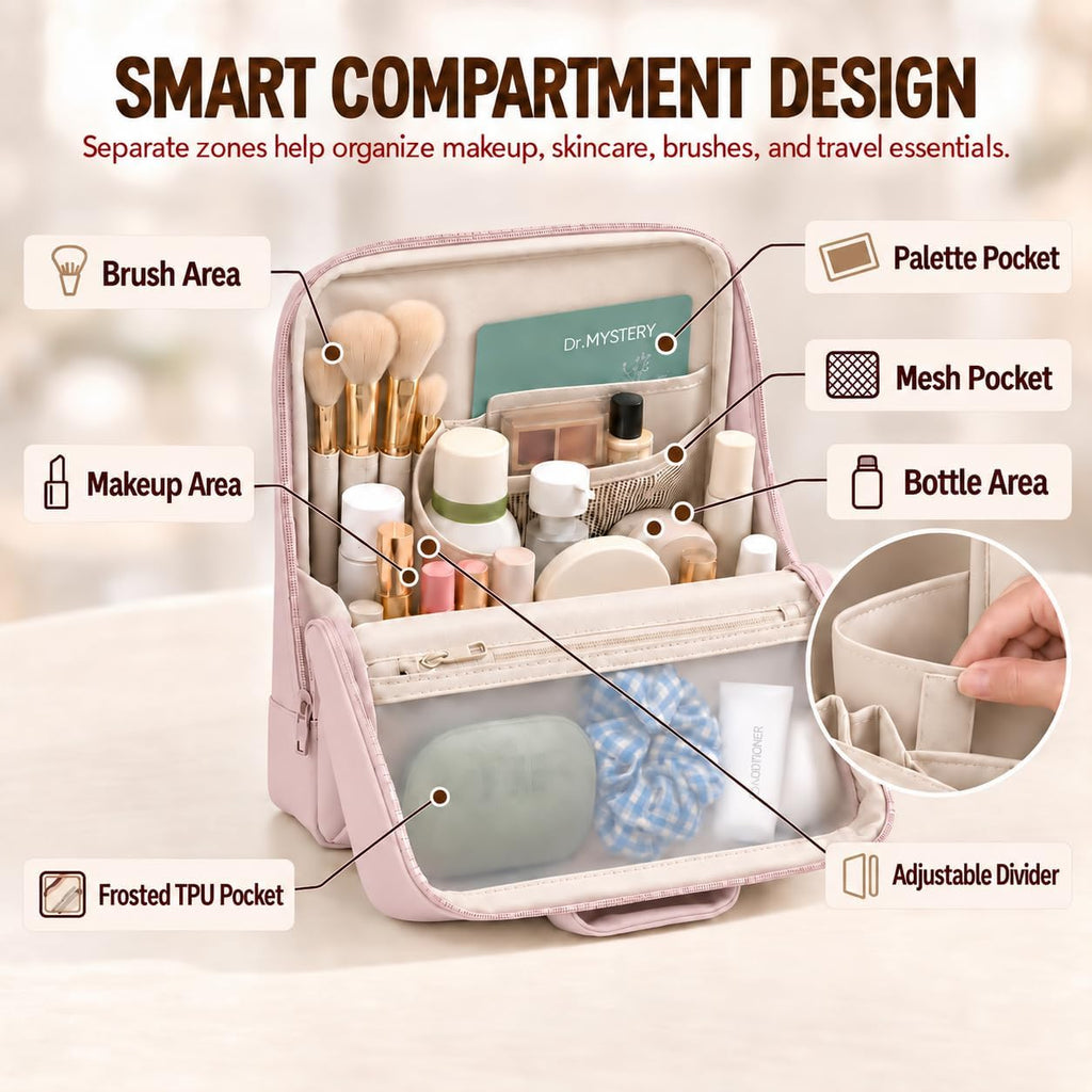 Travel Makeup Bag with Magnetic Fold-Down Flap, Large, Dusty Pink