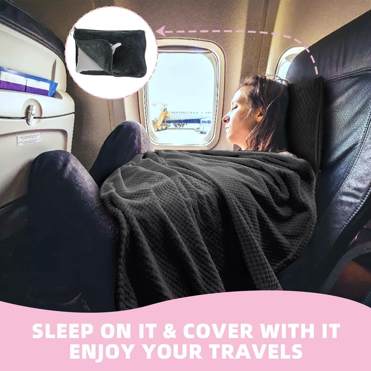 3 in 1 Travel Blanket Pillow Set - 350 GSM Thick Travel Blanket Airplane Compact with Bag, Soft Bag with a Pocket, Inflatable Travel Pillow for Camping & Car Trip (Dark Grey)