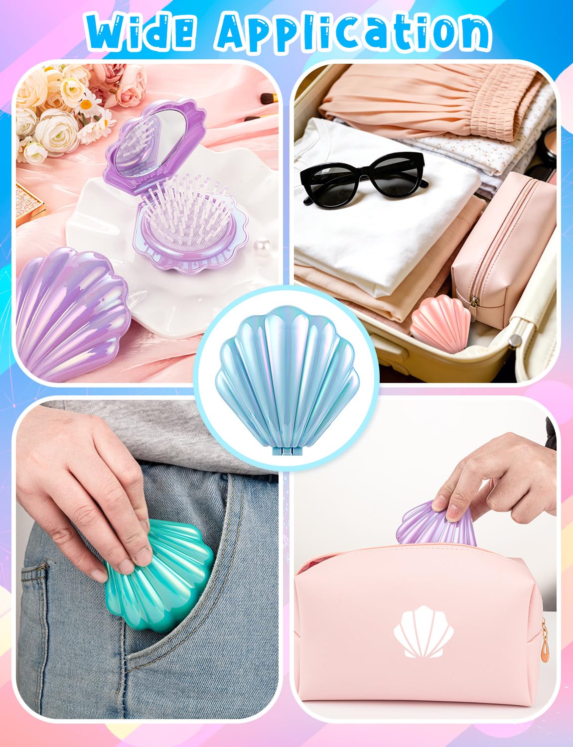 8 Pcs Foldable Travel Shell Hair Brush with Mirror