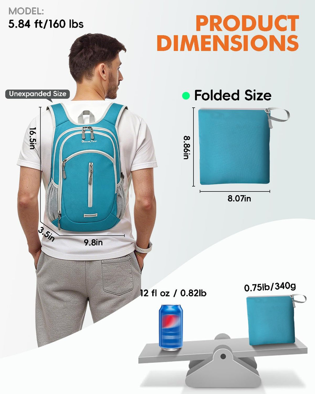Seektop Small Hiking Backpack Expandable 12L-15L